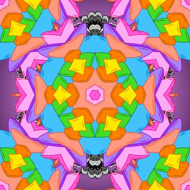 Kesintisiz ilginç arka plan. Karalamalar desen. Turuncu, mavi ve pembe renkler. Vektör. İhale kumaş deseni.