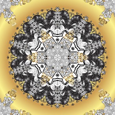 Yinelenen öğeleri ile süs arka plan. Beyaz, gri ve bej ve altın desen. Zarif vektör Klasik desen.