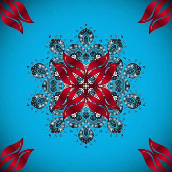 イスラム教 アラビア語 インド オスマン モチーフ ブルー 赤とグレーの色 花曼荼羅のシームレスなパターン ベクトル エスニック — ストックベクタ