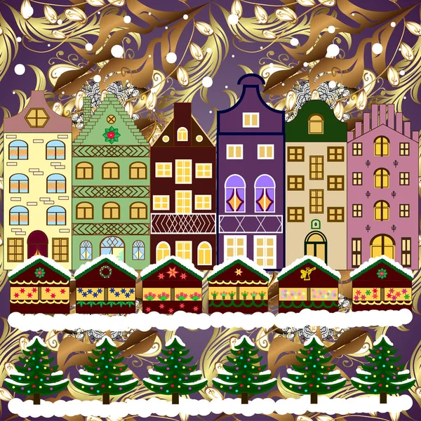 Winter Village Landscape Vector Illustration Background — Stock Vector