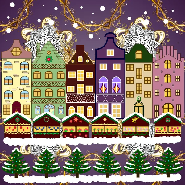Dorf Weihnachten Banner Hintergrund Mit Schnee Und Schneeflocken Grußkarte Vorhanden — Stockvektor