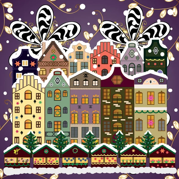 Paisaje Urbano Invierno Ilustración Vectorial Calle Nevada Tarjeta Navidad Happy — Vector de stock