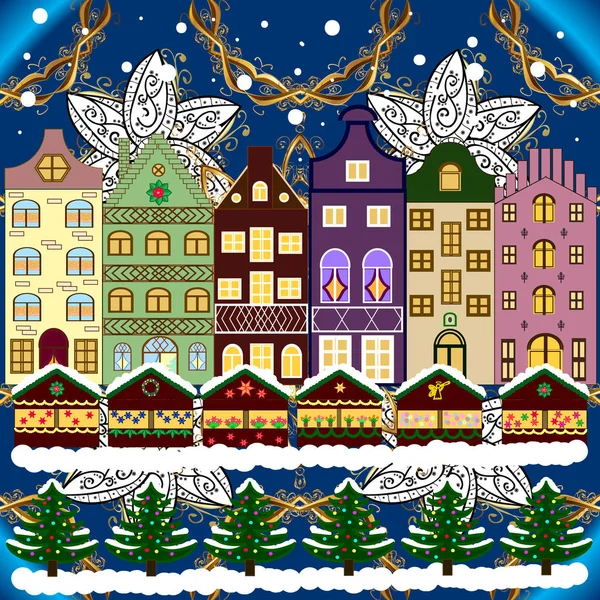 Tarjeta Felicitación Ilustración Vectorial Pueblo Navidad Estandarte Fondo Con Nieve — Vector de stock