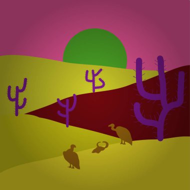 Kroki kaktüsler ile çöl Güney Amerika. Kır manzarası sarı, pembe ve kırmızı renkler. Vektör çizim el çekilmiş.
