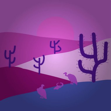 Çizgi film çöl road, kaktüsler ve rock Dağları ile vektör. Pembe, mavi ve mor renkler üzerinde çizim. Teksas manzara çöl. Kompozisyon.