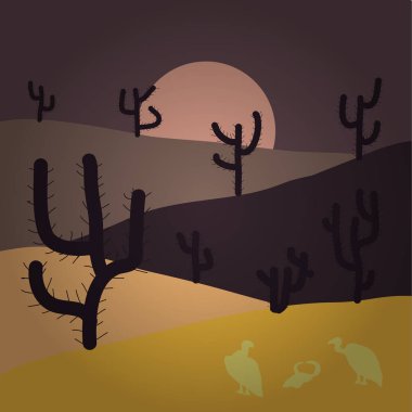 Sunset Bulvarında bir dağ manzarası olan bir arka planda. Vektör oyun grafiği. Arka plan manzara çöl ve kaktüs kahverengi, sarı ve mor renkler ile.