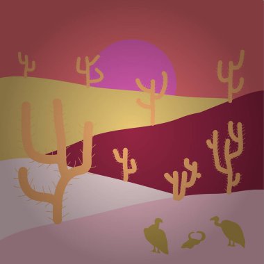 Düz oyun grafik karikatür. Sunset Bulvarında bir dağ manzarası olan bir arka planda. Pembe, tarafsız ve kırmızı renkler manzara. Arka plan manzara çöl, kaktüs, kayalar, tepeler, dağlar.