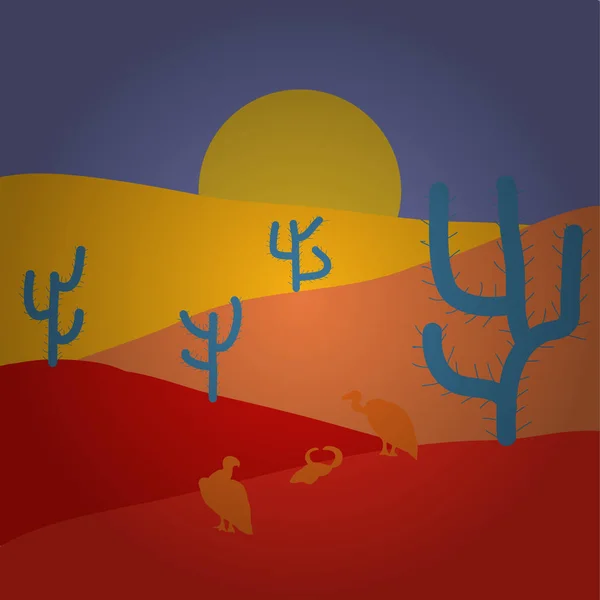 Desert landscape with cactus silhouette in vector graphic. Landscape on blue, red and yellow colors.