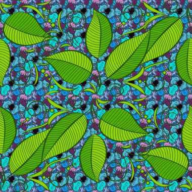 Yeşil, mavi ve siyah yaprak şablon vektör. Dikişsiz desen vektör çizim.