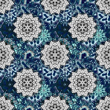 Elle çizilmiş zentangle çiçek mavi, beyaz ve siyah renkler vektör. Soyut süsleme ile Seamless modeli.