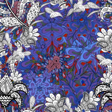 Karışık çiçek tasarım öğesi duvar kağıdı, hediye kağıt, kumaş baskı, Mobilya için. Boho soyut seamless modeli. Mavi, beyaz ve mor renkler renkli renkli çini mandala.