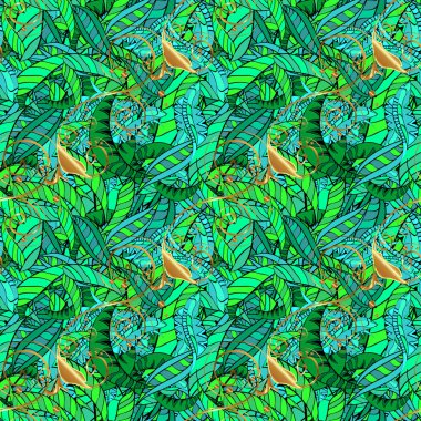 Çizilen illüstrasyon vektör ver. Bir yeşil, mavi ve siyah renkleri yapraklarda. Doodle seamless modeli yapraklar.