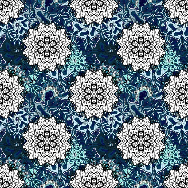 Vecteur Dessiné Main Zentangle Floral Bleu Blanc Noir Modèle Sans — Image vectorielle