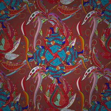 Kahverengi, kırmızı ve mavi. Tropikal balık ile dekoratif Dikişsiz desen doku nakış stilize. Vektör desen kumaş üzerine basım için.