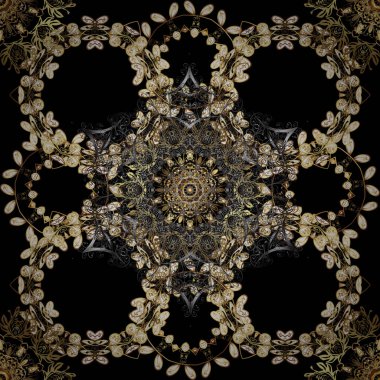 Damasko sorunsuz süsleme. Geleneksel vektör ve altın desen. Siyah, kahverengi ve gri renkler üzerinde klasik oryantal desen.