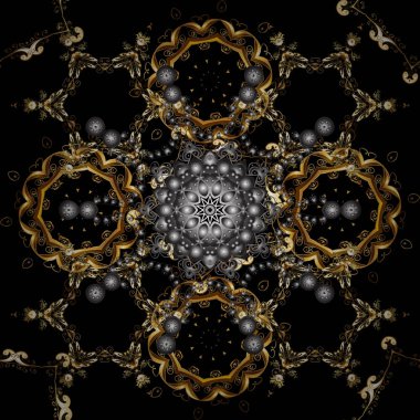 Klasik vektör altın seamless modeli. Çiçek süsleme brokar Tekstil desen, cam, metal ile çiçek desenli siyah, gri ve kahverengi renkleri altın elemanları ile.