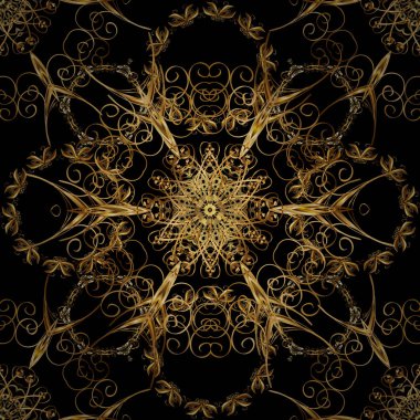 Vektör altın seamless modeli. Düz el vintage koleksiyonu çekilmiş. Siyah, kahverengi ve bej renkler altın elemanları ile altın izi. Zemin, kumaş, altın duvar kağıdı.