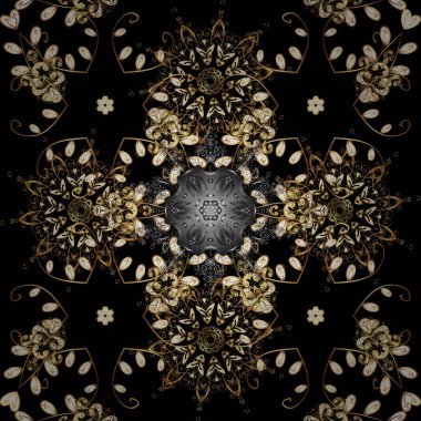 Vektör soyut çiçek çelenk altın doodle fantezi yaprak ve çiçek bir siyah, kahverengi ve bej renkler. El çekilmiş dekoratif çerçeve, albüm kapağı, tebrik kartı, vintage Art deco tarzında.