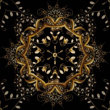 Siyah, kahverengi ve sarı renkler altın elemanları ile Seamless modeli. Vektör. Sorunsuz altın doku bukleler. Parlak dantel, stilize çiçekler, paisley. Ajur narin altın desen.