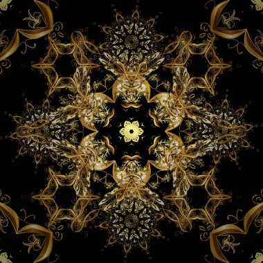 Tasarımlarınız için duvar kağıdı. Altın rengi Dikişsiz illüstrasyon. Siyah, kahverengi ve bej renkler altın çiçek elemanları ile altın seamless modeli. Vektör geometrik arka plan.