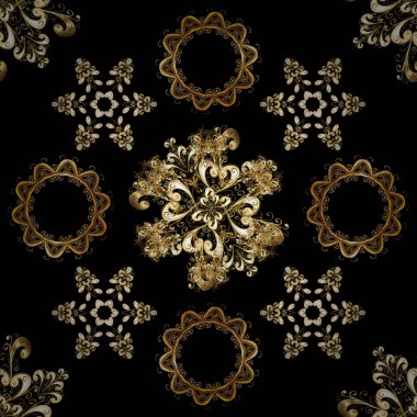 Siyah, kahverengi ve bej renkler altın elemanları ile Dikişsiz vintage desen. Noel, kar tanesi, yeni yıl 2019.