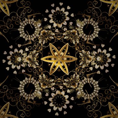 Düz el vintage koleksiyonu çekilmiş. Vektör altın seamless modeli. Zemin, kumaş, altın duvar kağıdı. Siyah, kahverengi ve bej renkler altın elemanları ile altın desen.