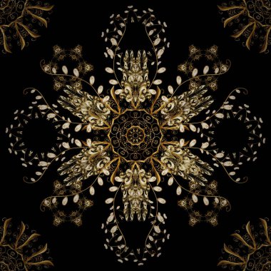 Damasko sorunsuz yinelenen desen. Siyah, kahverengi ve bej renkler altın öğesinde. Altın çiçek süsleme barok tarzı. Antika altın yinelenebilir duvar kağıdı.