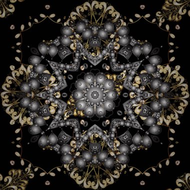 Siyah, gri ve kahverengi renkleri altın elemanları ile Seamless modeli. Sorunsuz altın doku bukleler. Ajur narin altın desen. Parlak dantel, stilize çiçekler, paisley. Vektör.