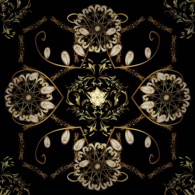 Siyah, kahverengi ve sarı renkler altın elemanları ile Vintage seamless modeli. Vektör çizim.