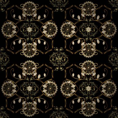 Siyah, kahverengi ve bej renkler altın elemanları ile Seamless modeli. Seamless altın modeli. Vektör şark süsleme.