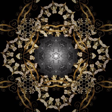 Vektör soyut çiçek çelenk altın doodle fantezi yaprak ve çiçek bir siyah, gri ve kahverengi renkleri üzerinde. El çekilmiş dekoratif çerçeve, albüm kapağı, tebrik kartı, vintage Art deco tarzında.