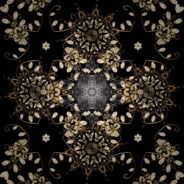 Векторний Абстрактний Квітковий Вінок Золотистого Каракуля Фентезійного Листя Квітки Чорному — стоковий вектор
