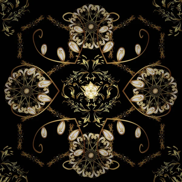 Siyah, kahverengi ve sarı renkler altın elemanları ile Vintage seamless modeli. Vektör çizim.