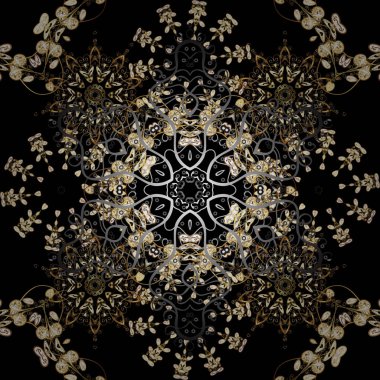 Zemin, kumaş, altın duvar kağıdı. Siyah, gri ve kahverengi renkleri altın elemanları ile altın izi. Düz el vintage koleksiyonu çekilmiş. Vektör altın seamless modeli.