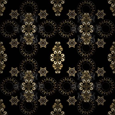 Seamless altın modeli. Vektör altın çiçek süsleme brokar Tekstil ve cam desen. Çiçek desenli altın metal. Siyah, gri ve kahverengi renkleri altın elemanları ile.