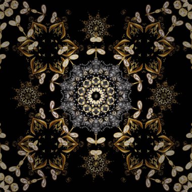 Damasko Dikişsiz desen yinelenen arka plan. Altın çiçek süsleme barok tarzı. Antika altın yinelenebilir duvar kağıdı. Siyah, kahverengi ve gri renkler altın öğesi.