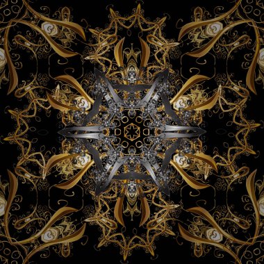 Damasko sorunsuz yinelenen desen. Siyah, kahverengi ve gri renkleri altın öğesinde. Altın çiçek süsleme barok tarzı. Antika altın yinelenebilir duvar kağıdı.