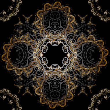 Siyah, gri ve kahverengi renk desen. Vektör altın mehndi seamless modeli. Kına dövme, altın çıkartmalar, mehndi ve yoga tasarım, kartları ve baskı ile süs çiçek öğeleri.