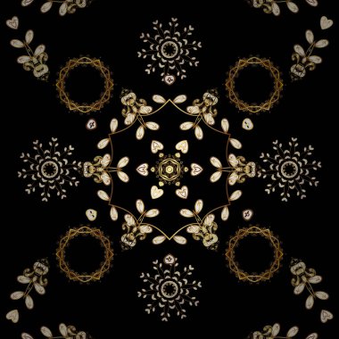 El çekilmiş dekoratif çerçeve, albüm kapağı, tebrik kartı, vintage Art deco tarzında. Vektör soyut çiçek çelenk altın doodle fantezi yaprak ve çiçek bir siyah, kahverengi ve sarı renkler.