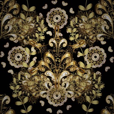 Damasko sorunsuz yinelenen arka plan. Altın arka plan doku duvar kağıdı. Altın çiçek süsleme barok tarzı. Siyah, kahverengi ve sarı renkleri altın öğesi.