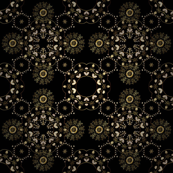 Seamless textured curls. Oriental style arabesques golden pattern on a black, brown and yellow colors with golden elements. Vector golden pattern.