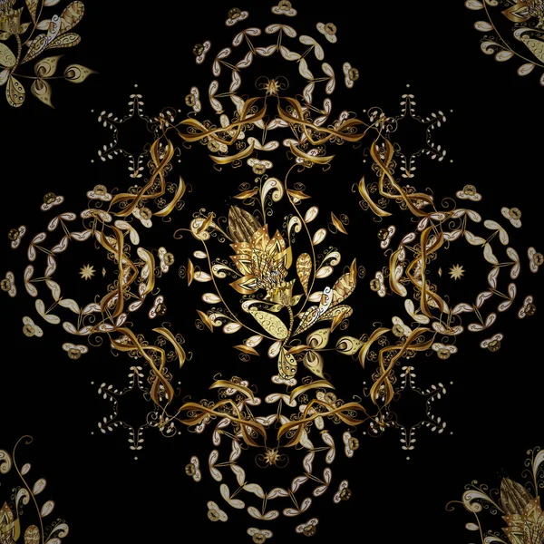 Vektorillustration Damast Guld Abstrakt Blomma Sömlösa Mönster Svarta Bruna Och — Stock vektor