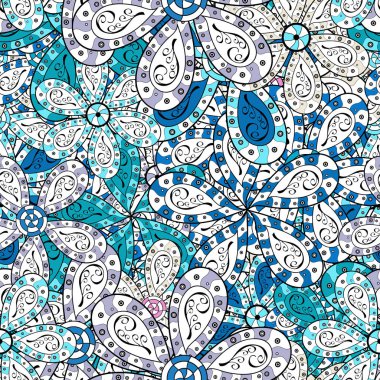 Tropik çiçekler. Çiçekler beyaz, mavi ve siyah renkler. Gömlek sorunsuz arka plan deseni.