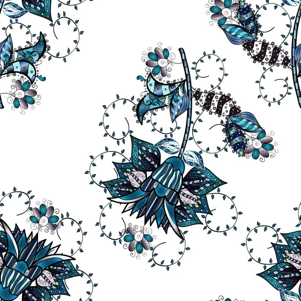 Flores Cores Brancas Azuis Pretas Padrão Floral Vetorial Estilo Doodle — Vetor de Stock