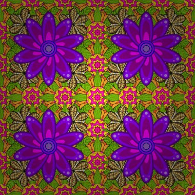 Yeşil, sarı ve mor renkler Asya Tekstil tarzında. Sorunsuz çiçek deseni. Vektör çizim.