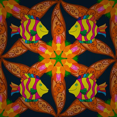 Sorunsuz. Vektör. Nakış deniz yaşamını, deniz kabukları, tropikal balıklar. Modern giyimleri, t-shirt tasarım. Klasik nakış tropikal deniz, dalga, balıklar, kesintisiz moda deseni.