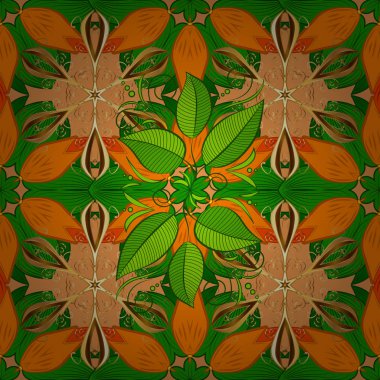 Turuncu, yeşil ve kahverengi izole. Vektör çizim. Dikişsiz renkli desen. Parlak turkuaz seamless modeli (döşeme) yaprak, çiçek, fern ve dalları.