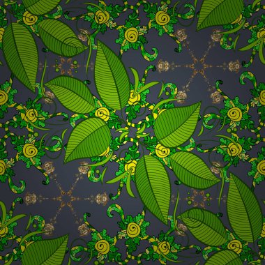 Seamless modeli farklı dalları ve yaprakları arka planda yeşil, mavi ve sarı vektör çizim.