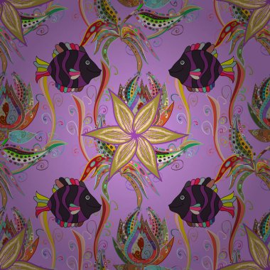 Vektör çizim. Balık ile Seamless modeli. Dekoratif süs. Bağımsız, sarı ve mor üzerinde balıklar. Renkli görüntü yinelenen ve kurucu unsurları alternatif. Soyut vektör çizim.