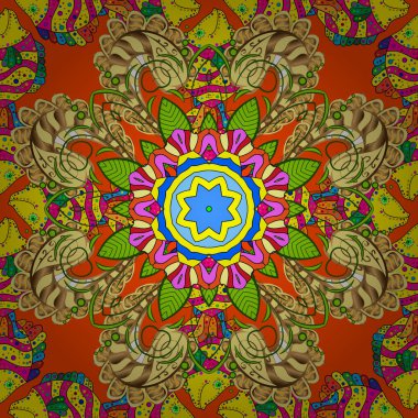 Yaz tema Dikişsiz desen arka plan rengi. Trendy kesintisiz olarak çiçek desen vektör çizim. Çiçekler sarı, turuncu ve yeşil renkler. Düz çiçek öğeleri tasarım.